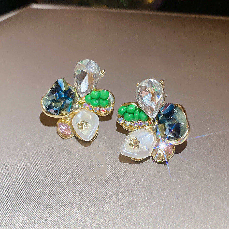 銀針鑲鉆多巴胺撞色花朵珍珠耳釘甜美獨特漂亮耳環輕奢高級感耳飾
