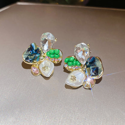 銀針鑲鉆多巴胺撞色花朵珍珠耳釘甜美獨特漂亮耳環輕奢高級感耳飾