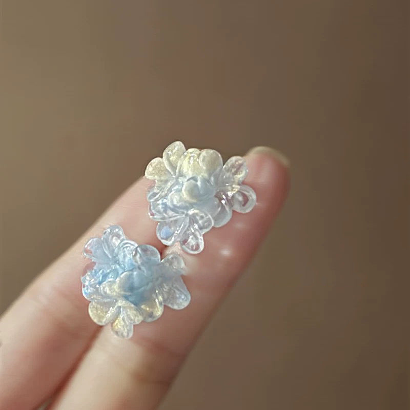 銀針花朵滴油鑲鉆耳釘夏季小清新藍色系耳環時尚百搭高級感耳飾女