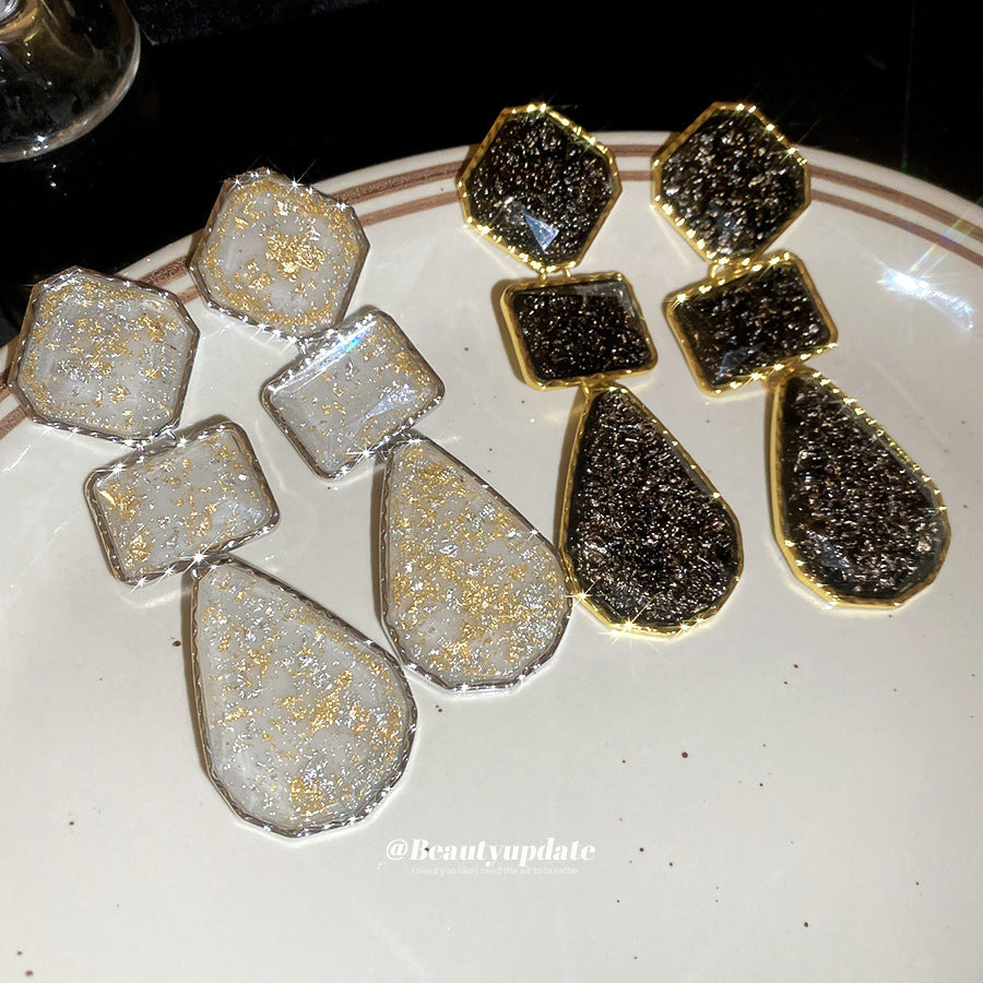 銀針樹脂方形水滴吊墜耳釘復古輕奢高級感耳環歐美跨境夸張耳飾女