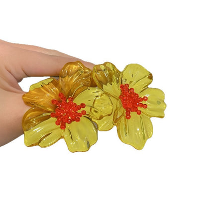 黃色壓克力花朵耳環－銀針-粉色款細節｜https://igowo.tw/