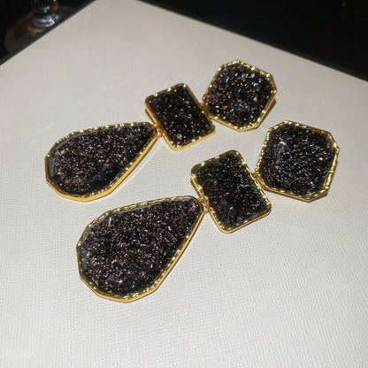 銀針樹脂方形水滴吊墜耳釘復古輕奢高級感耳環歐美跨境夸張耳飾女