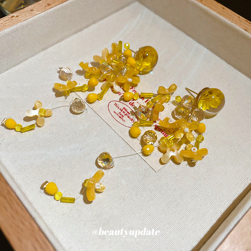 銀針黃色花朵流蘇耳環歐美個性時尚氣質耳釘女時尚耳飾小眾高級感