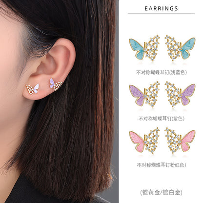 S925 微鑲鋯石不對稱彩色蝴蝶耳釘女鏤空鑲鑽設計時尚百搭耳飾
