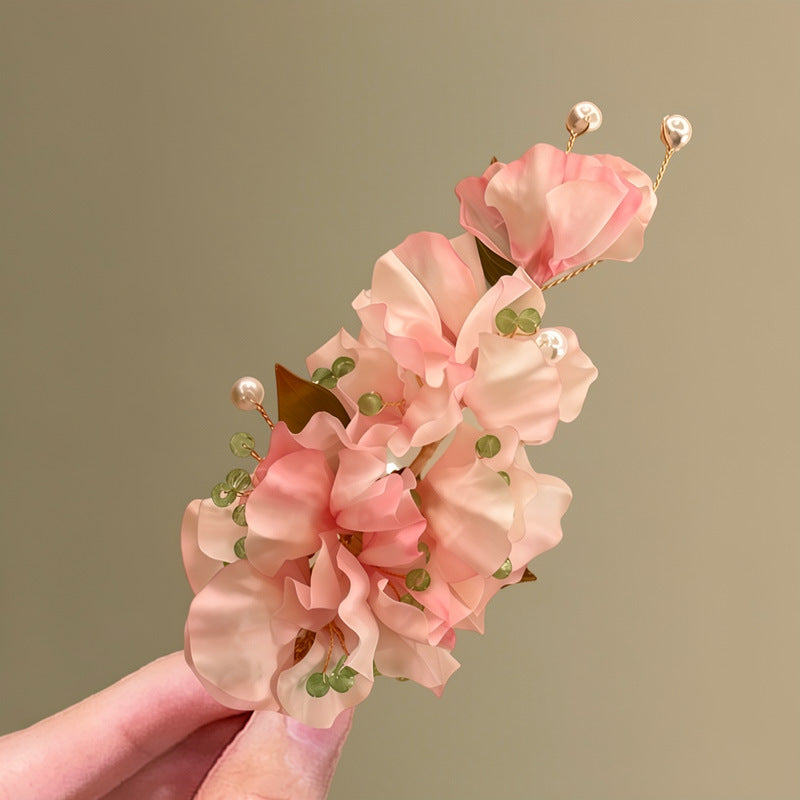 桃之夭夭~布藝花朵珍珠發夾超仙絕美氛圍感鴨嘴夾輕奢氣質發飾女