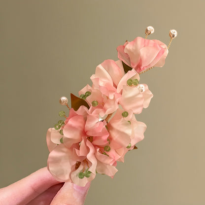 桃之夭夭~布藝花朵珍珠發夾超仙絕美氛圍感鴨嘴夾輕奢氣質發飾女
