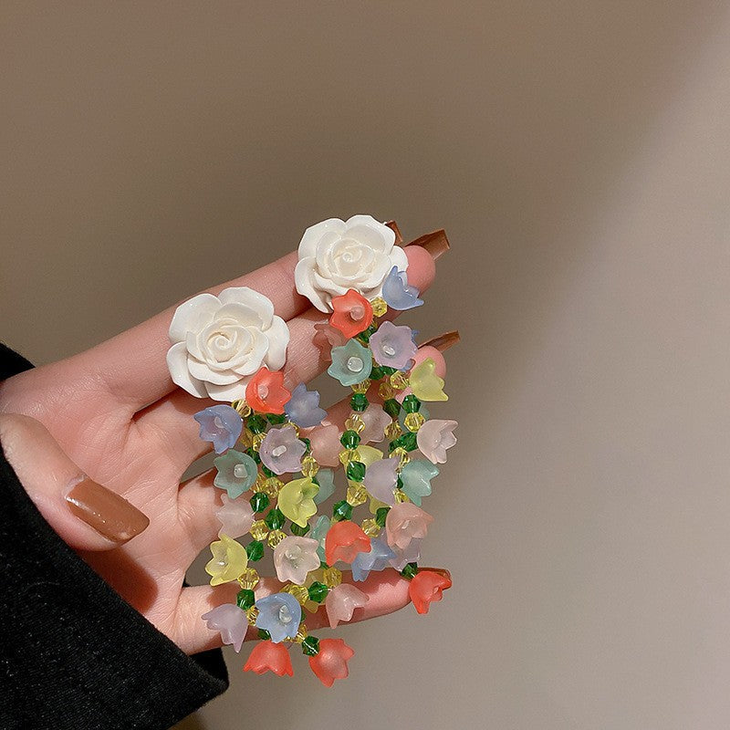 銀針流蘇花朵花卉仙女款耳墜耳釘女田園風小眾手作氣質夸張耳環女