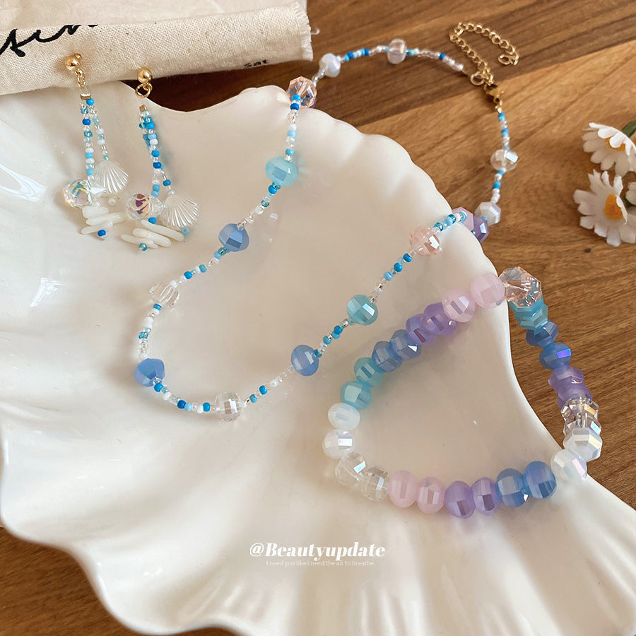 甜氧少女~水晶串珠圓形項鏈耳釘手串套裝夏日清新甜美風百搭飾品