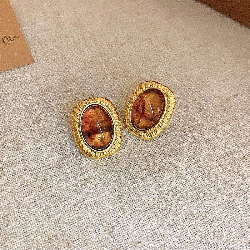 銀針復古樹脂幾何圓形橢圓吊墜耳環美拉德風耳釘小眾設計感耳飾女