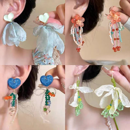 銀針彩色人造水晶款花朵流蘇耳環甜美清新耳鉤耳墜韓系高級感耳飾