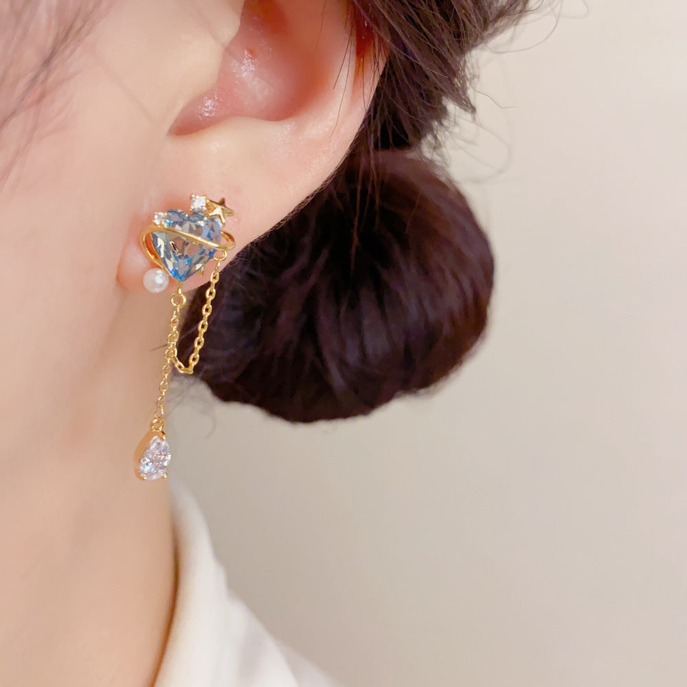 S925藍色鋯石愛心流蘇耳墜－第二視角實拍｜https://igowo.tw/