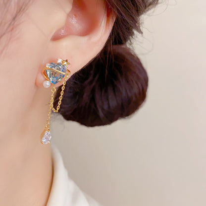S925藍色鋯石愛心流蘇耳墜－第二視角實拍｜https://igowo.tw/