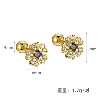 S925 鑲鑽五瓣花螺絲擰扣耳釘女時尚歐美INS風養耳洞耳飾