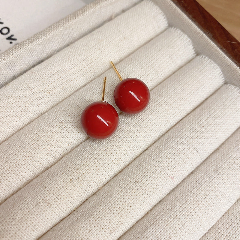真金電鍍銀針幾何紅色新年耳釘小眾簡約百搭耳環輕奢高級感耳飾女