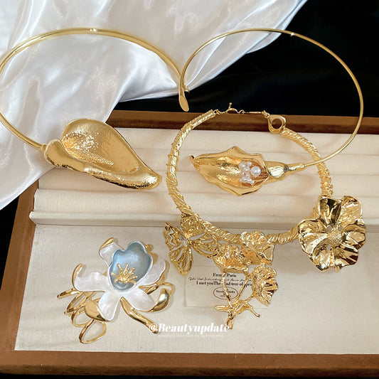 歐美夸張噴漆花朵鏤空手鐲項鏈套裝2026新款金屬風個性跨境飾品女