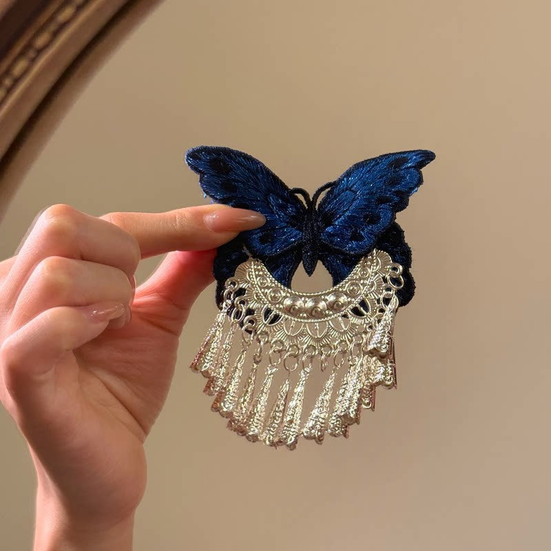 藍色蝴蝶流蘇刺繡髮夾