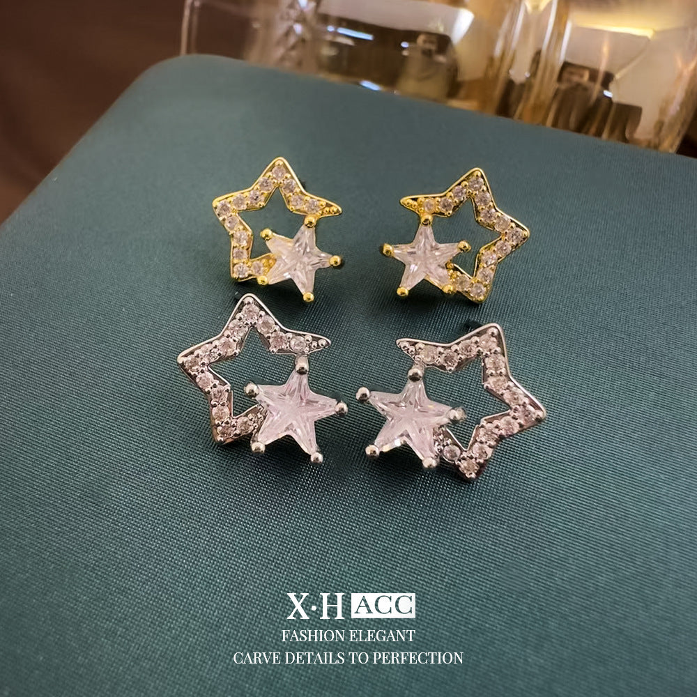 鋯石銀針星星鏤空耳釘－商品主圖｜https://igowo.tw/