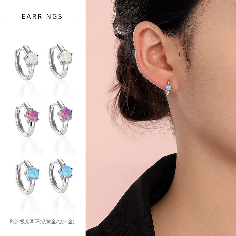 S925 圓形彩色歐泊耳環女歐美外貿輕奢高級感澳寶靈動耳扣