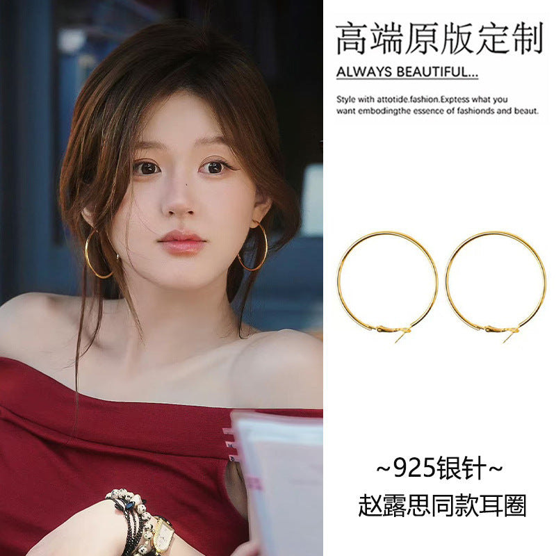 許我耀眼趙露思同款銀針金屬感耳圈時尚簡約耳環輕奢高級感耳飾女