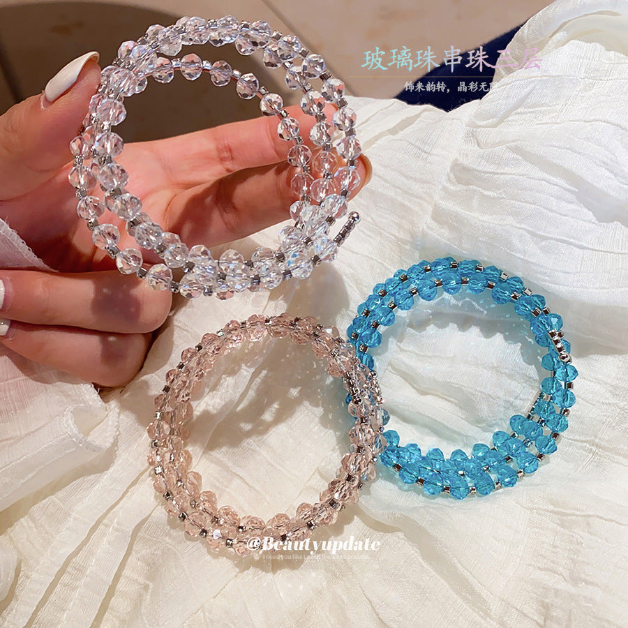 水晶幾何圓形串珠三層開口手鐲小清新氣質手串手環輕奢高級感手飾