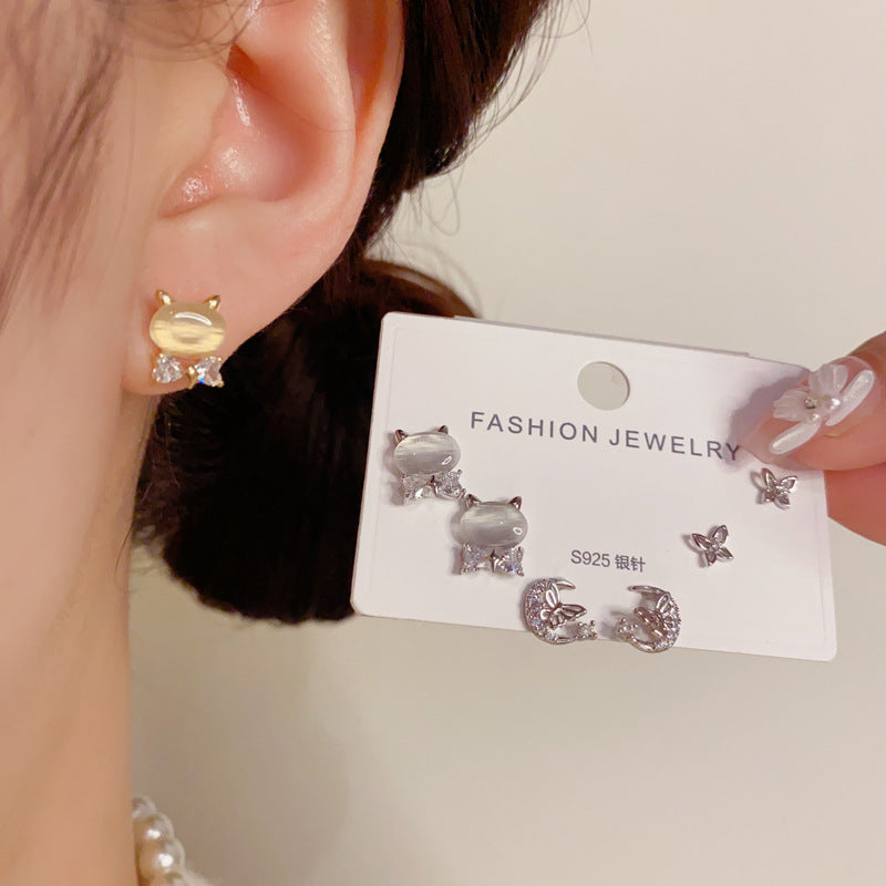 S925貓咪耳釘三件組－第二視角實拍｜https://igowo.tw/
