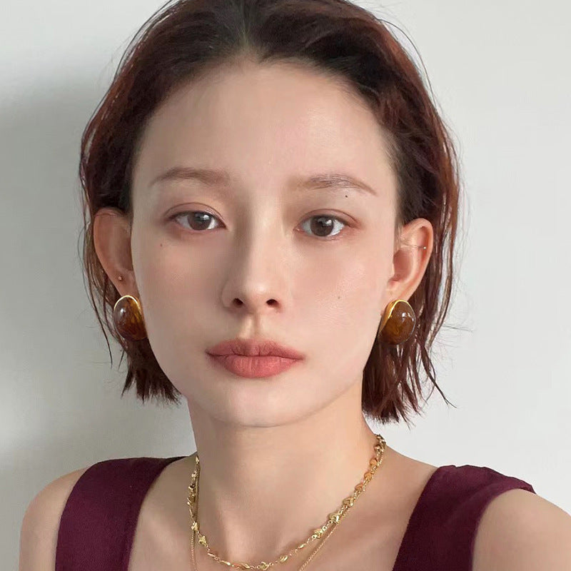 銀針復古暈染橢圓C形耳釘小眾簡約耳環女時尚氣質耳飾輕奢高級感