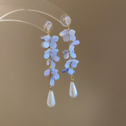 銀針甜美鑲鉆花朵水滴珍珠流蘇耳環簡約小眾耳釘輕奢高級感耳飾女