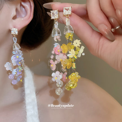 銀針鑲鉆花朵流蘇耳環海邊度假風耳釘清新甜美氣質耳飾設計感小眾