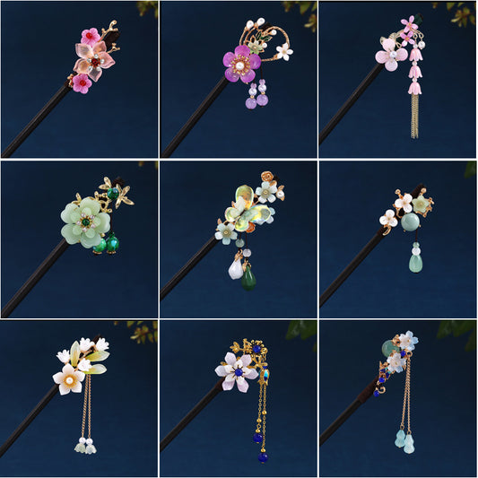 珍珠蝴蝶花朵流蘇髮簪－商品主圖｜https://igowo.tw/