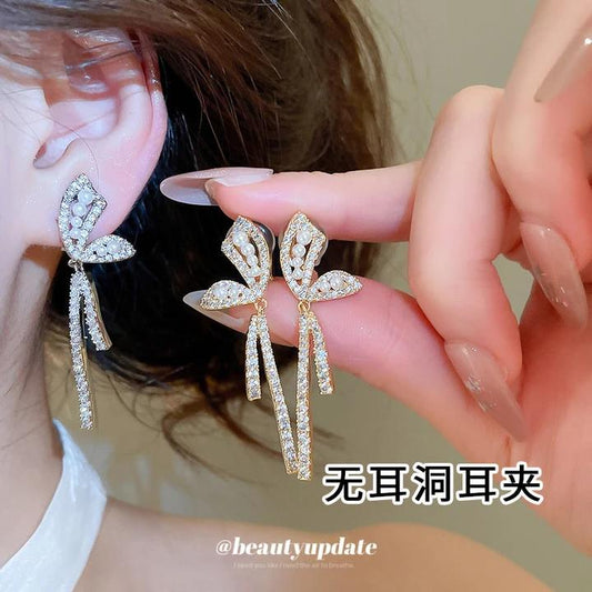 18k真金電鍍鋯石珍珠蝴蝶耳夾無耳洞輕奢高級感耳骨夾百搭耳飾女