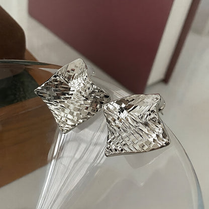 真金電鍍銀針菱形金屬紋路耳釘個性潮流百搭耳環設計感小眾耳飾女