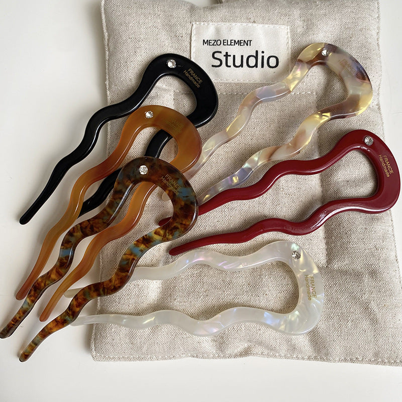 醋酸板材U形復古髮簪－混彩色款細節｜https://igowo.tw/