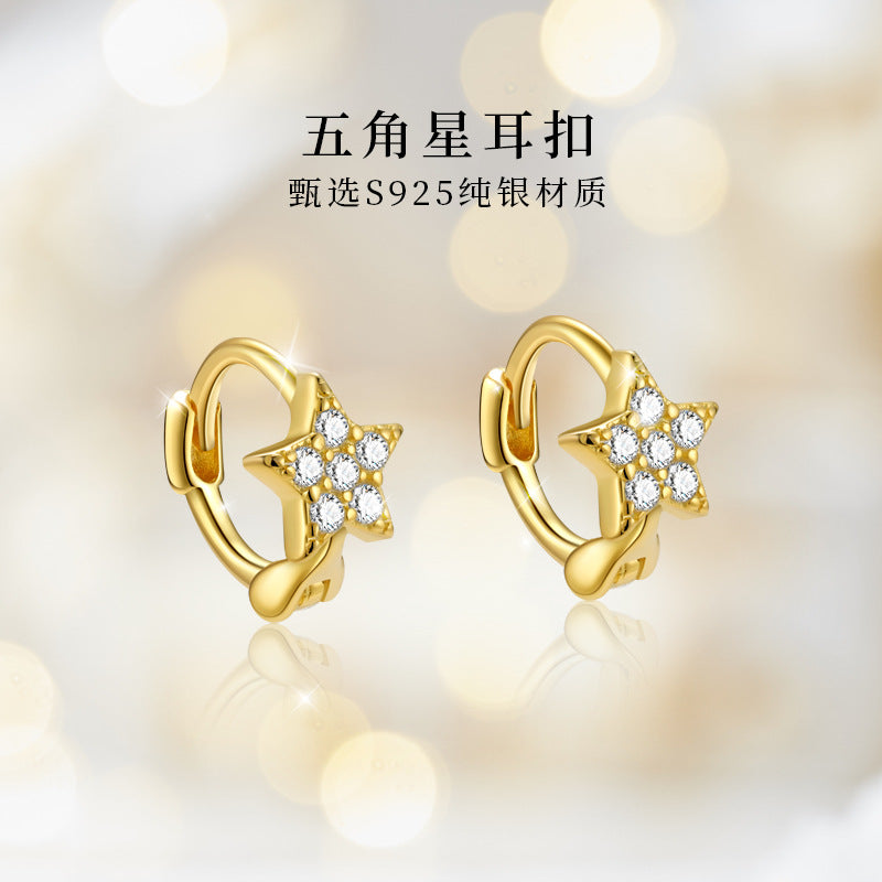 S925 鑲鑽五角星耳環日韓時尚簡約鍍K金輕奢小眾女款ins風耳扣