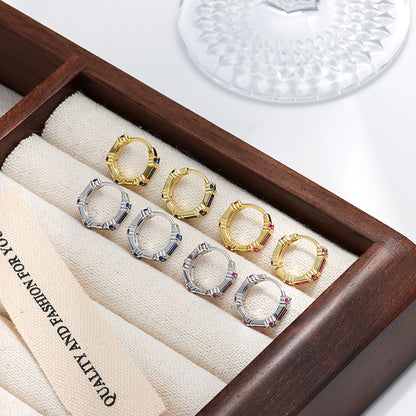 S925 彩色鑲鑽長方藍色鋯石耳環女簡約歐美外貿高級感耳圈