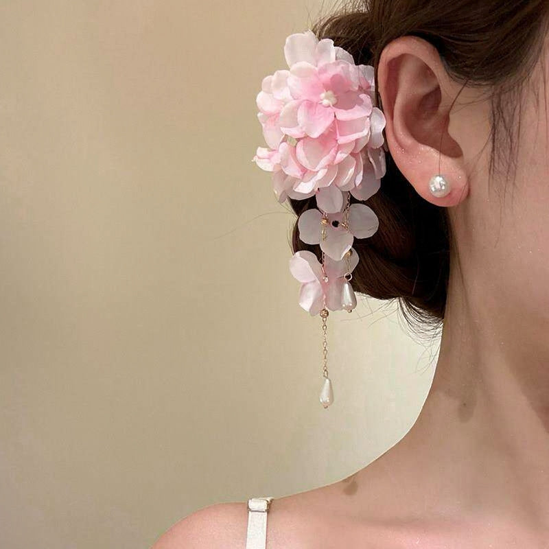 春夏甜美風布藝花朵流蘇珍珠發夾高級感精致鴨嘴夾時尚精致發飾女
