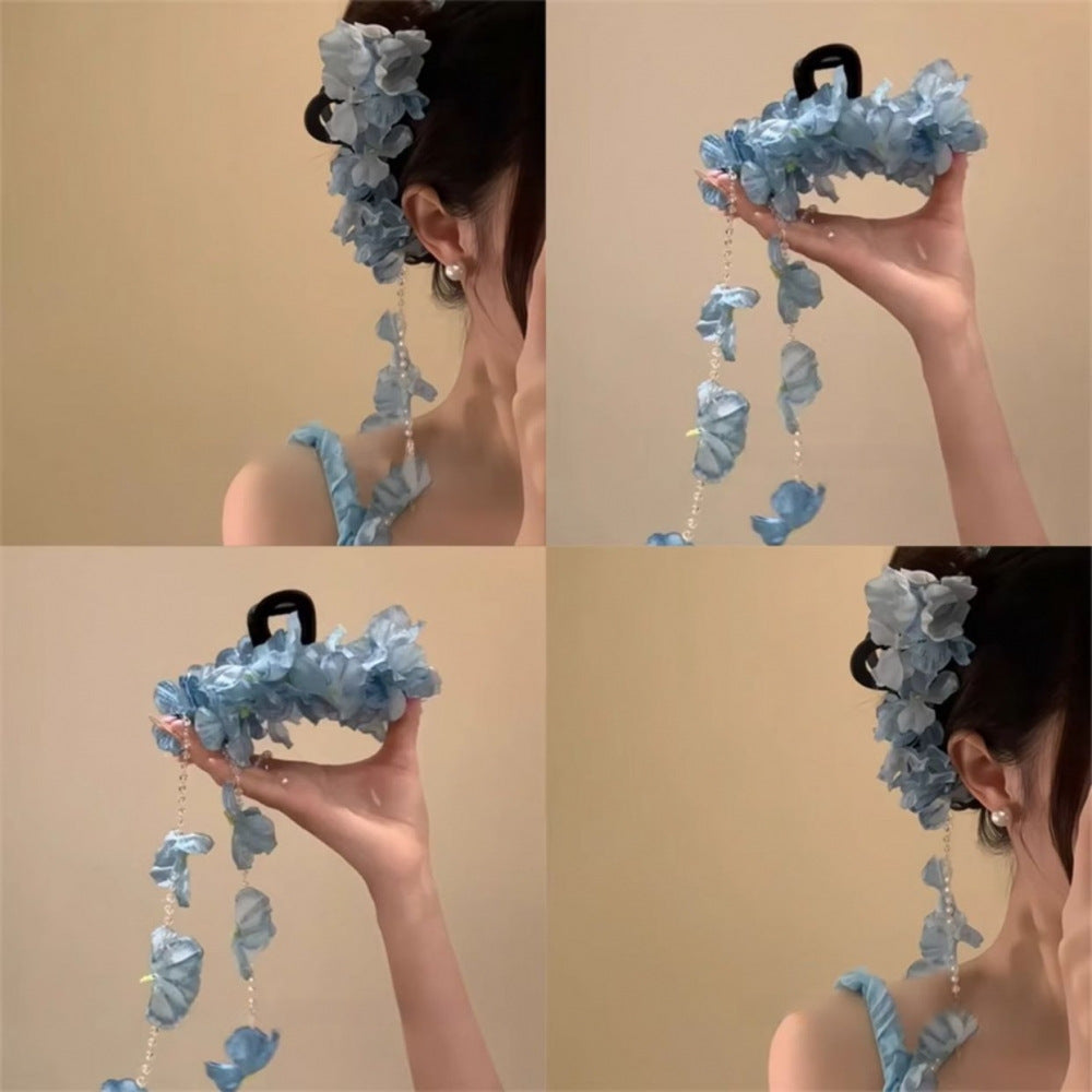 氛圍感布藝花朵流蘇珍珠發夾超仙后腦勺鯊魚夾新中式時尚抓夾發飾