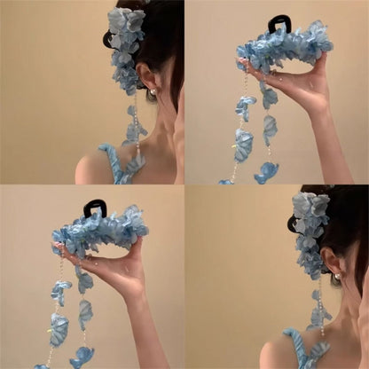 氛圍感布藝花朵流蘇珍珠發夾超仙后腦勺鯊魚夾新中式時尚抓夾發飾