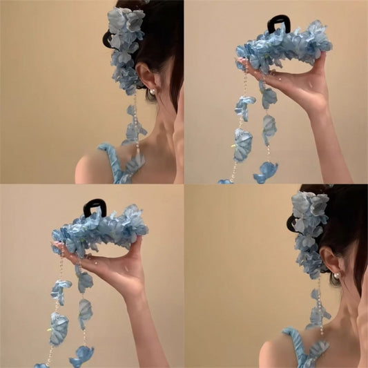 氛圍感布藝花朵流蘇珍珠發夾超仙后腦勺鯊魚夾新中式時尚抓夾發飾