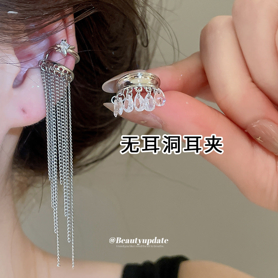 閃耀雙層鋯石星星水滴流蘇耳夾女無耳洞高級感耳環精致巨好看耳飾