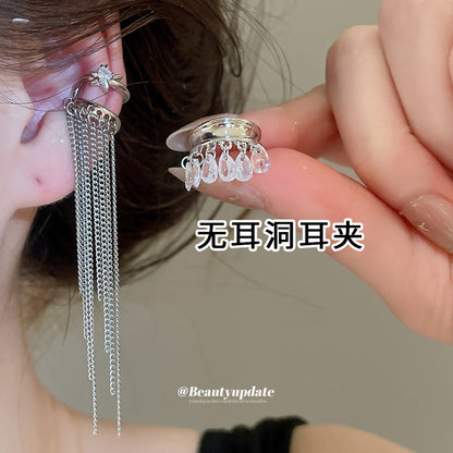 閃耀雙層鋯石星星水滴流蘇耳夾女無耳洞高級感耳環精致巨好看耳飾