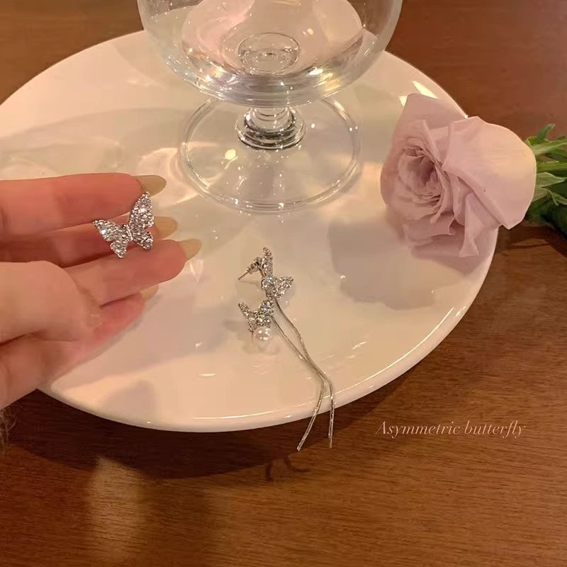 不對稱蝴蝶流蘇珍珠耳環