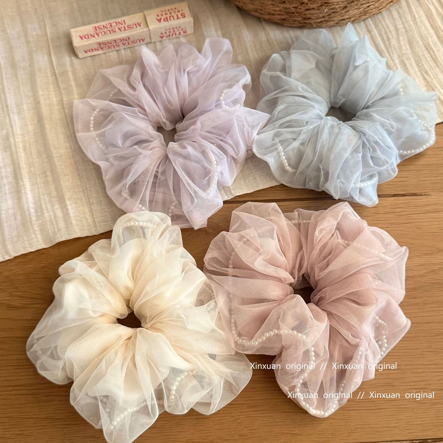 珍珠大腸圈雙層髮圈－藍色款細節｜https://igowo.tw/
