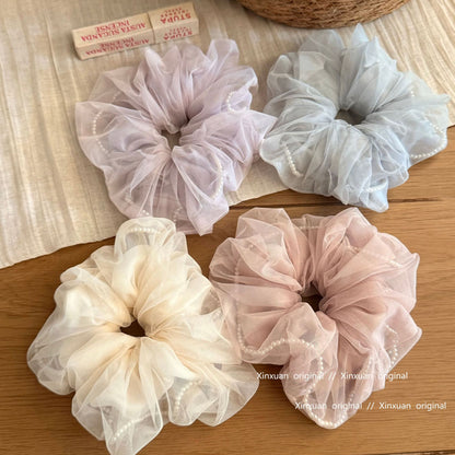 珍珠大腸圈雙層髮圈－藍色款細節｜https://igowo.tw/