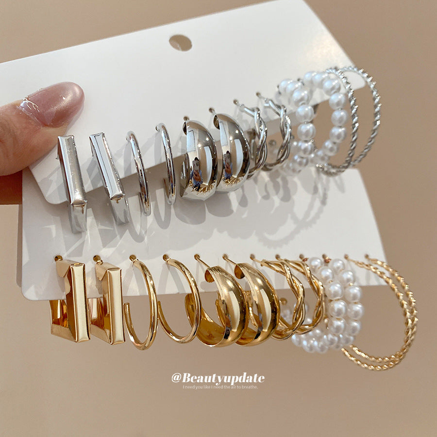銀針扭曲幾何珍珠耳釘套裝休閑簡約時尚日常百搭耳環輕奢小眾耳飾