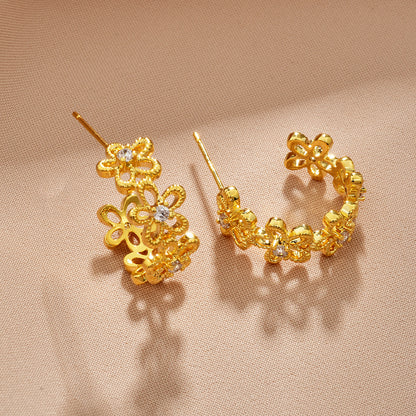 蕾絲鋯石花朵C形耳釘