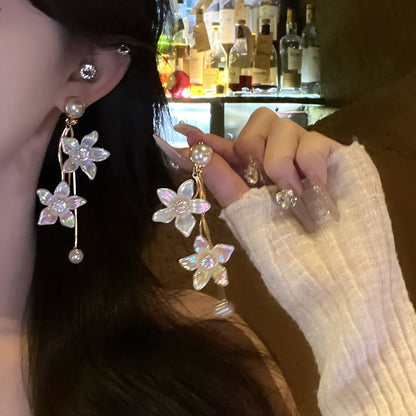 銀針鑲鉆花朵珍珠流蘇耳環2026新款耳釘輕奢高級感耳飾設計感小眾