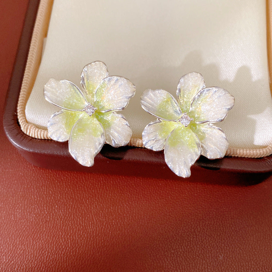 粉色琺瑯鋯石花朵耳釘