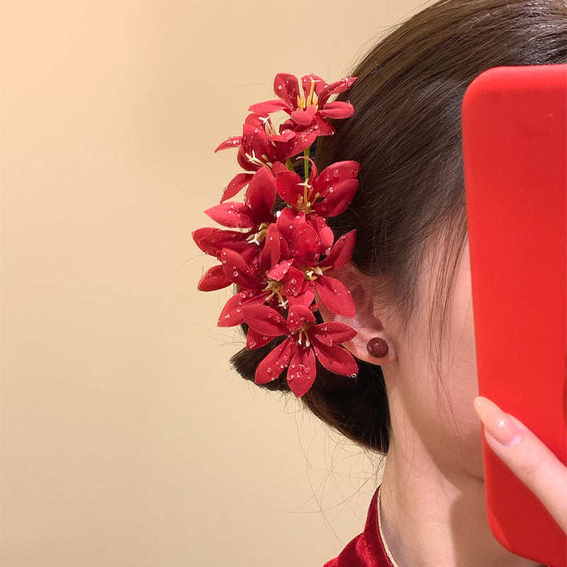 彩色布面花朵復古髮簪－髮簪-金色-粉色款實拍｜https://igowo.tw/