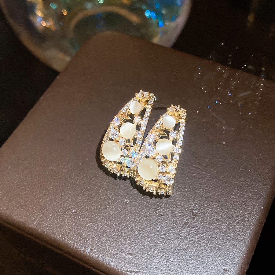 法式復古花朵貓眼石耳環輕奢高級感耳釘耳墜設計感甜美氣質耳飾女