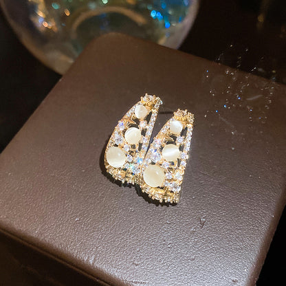 法式復古花朵貓眼石耳環輕奢高級感耳釘耳墜設計感甜美氣質耳飾女